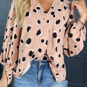 Khaki Classic Leopard V Neck Bracelet Sleeve Blouse