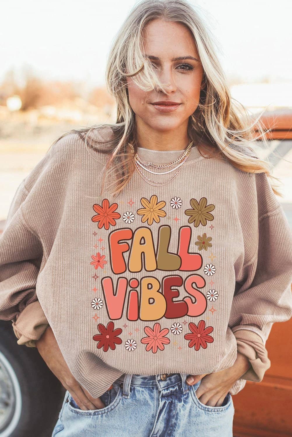 Apricot Twisted Rib Fall Vibe Graphic Baggy Sweatshirt
