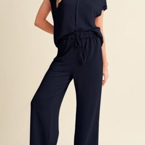 Navy Blue Solid Color Corded Short Sleeve Top And Casual Pants Set