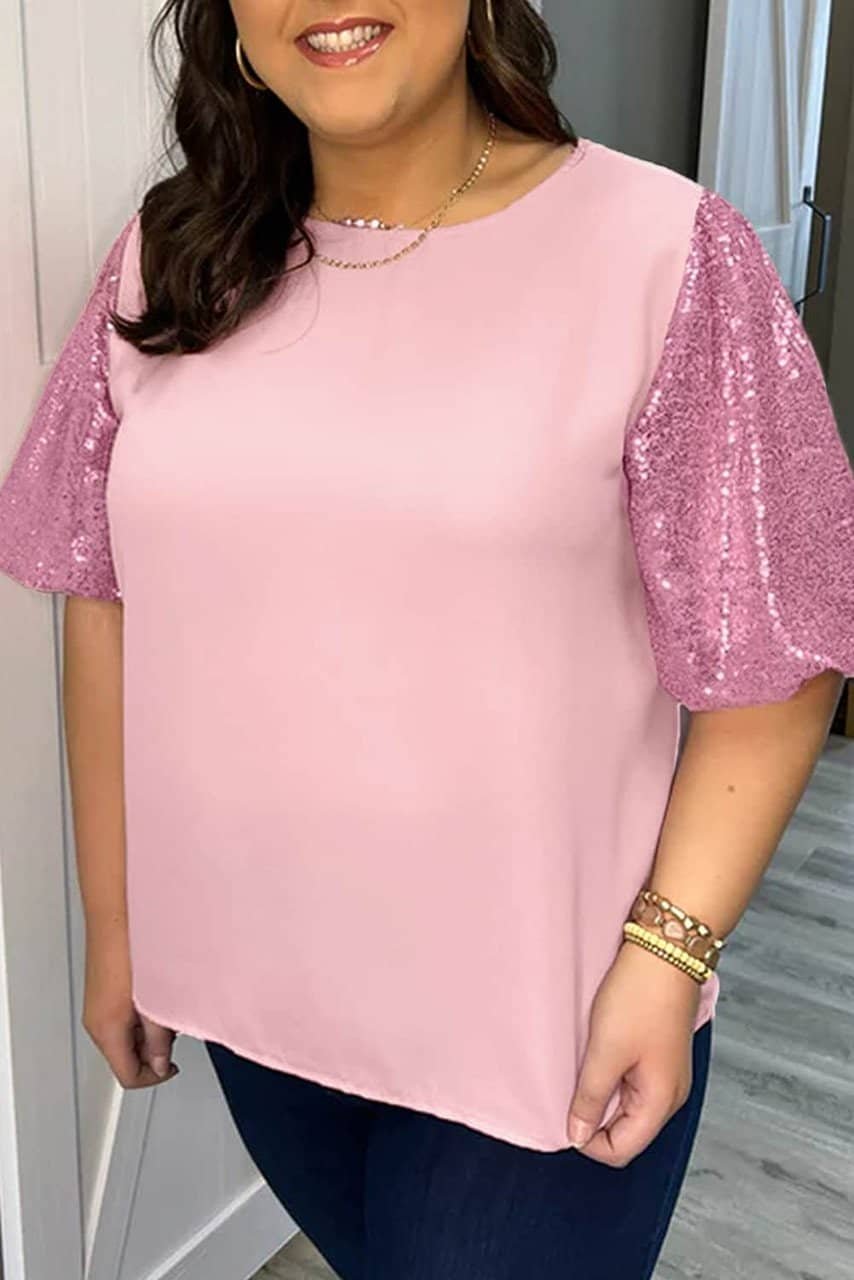 Pink Contrast Sequin Bubble Sleeve Plus Size T-Shirt