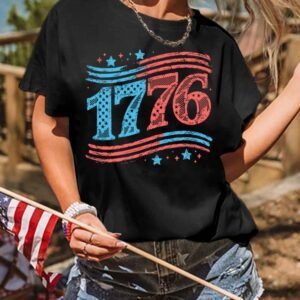 Black 1776 American Flag Theme Print Crew Neck T Shirt