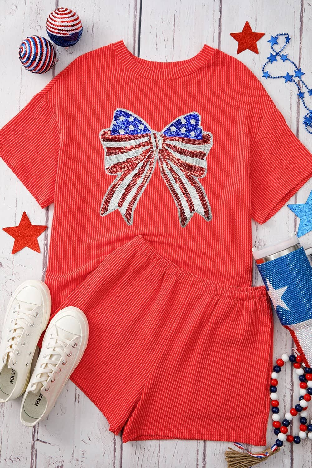 Orange Independence Day Sequin Bow Graphic Twist Rib Textured Short Set