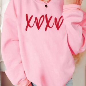 Pink Heart Xoxo Graphic Crewneck Drop Shoulder Valentines Sweatshirt
