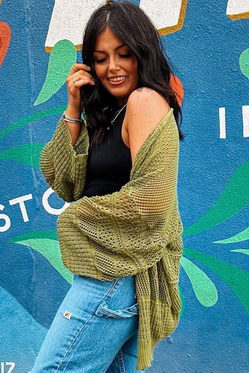 Spinach Green Oversize Crochet Knit Open Cardigan