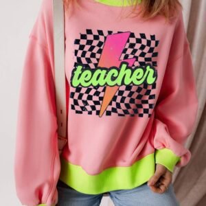 Pink Teacher Lightning Checkered Print Color Block Sweatshirt