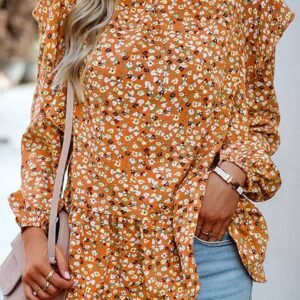 Orange Ruffle Collar Long Sleeve Peplum Top