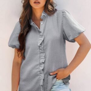 Black Striped Ruffle Short Bubble Sleeve Shirt