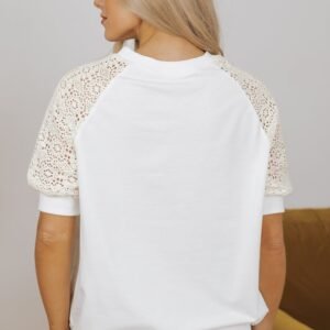 White Lace Crochet Short Sleeve Round Neck T Shirt