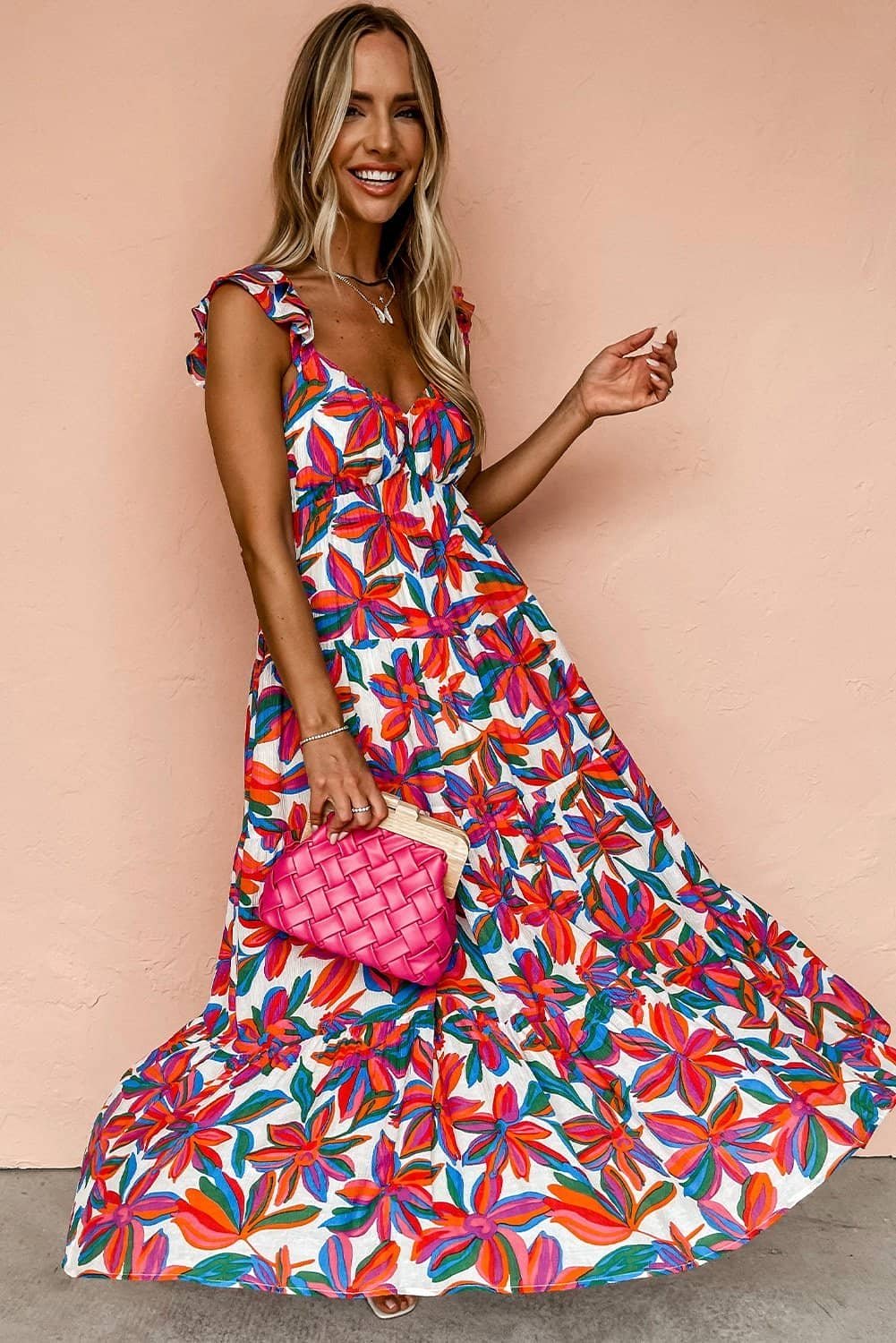 Red Boho Floral Ruffled Strap V Neck Maxi Dress