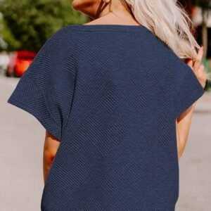 Navy Blue Textured Loose Fit T Shirt And Drawstring Pants Set