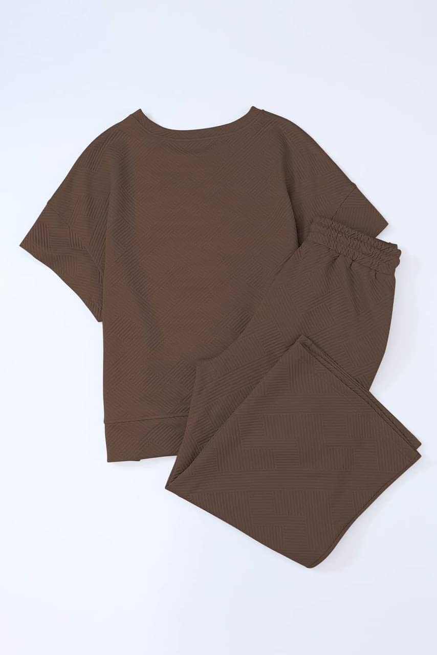Brown Textured Loose Fit T Shirt And Drawstring Pants Set