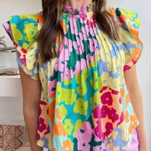 Multicolour Abstract Print Pleated Flutter Sleeve Blouse