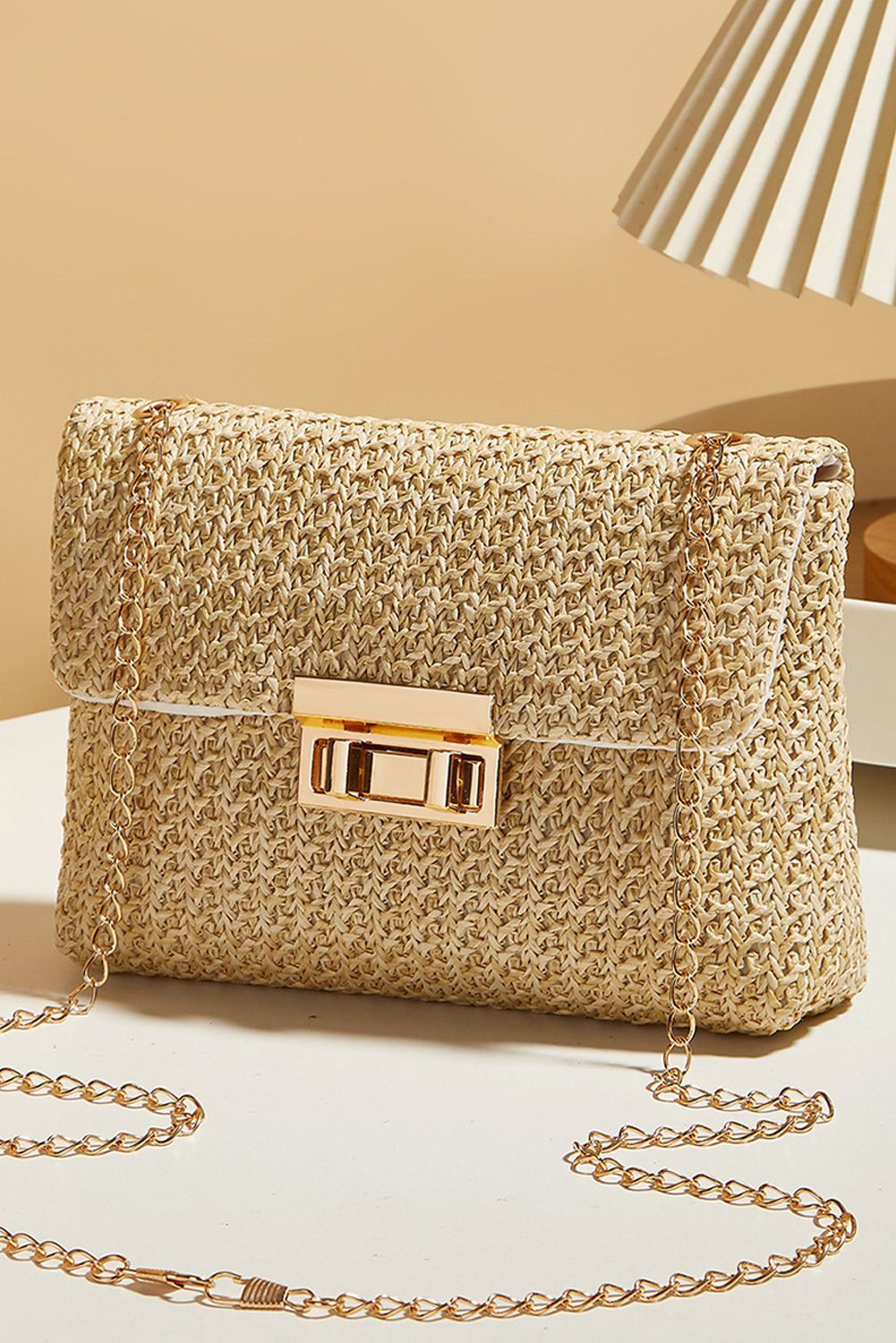 Camel Woven Chain Strap Flap Shoulder Bag