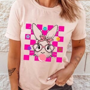 Pink Easter Rabbit Checkered Flower Print O-Neck T Shirt