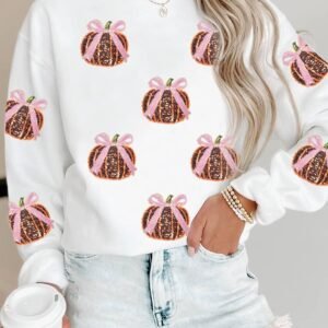White Sequin Bow Pumpkin Patched Cotton Baggy Sweatshirt