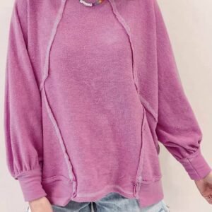 Pink Exposed Seam Round Neck Terry Pullover