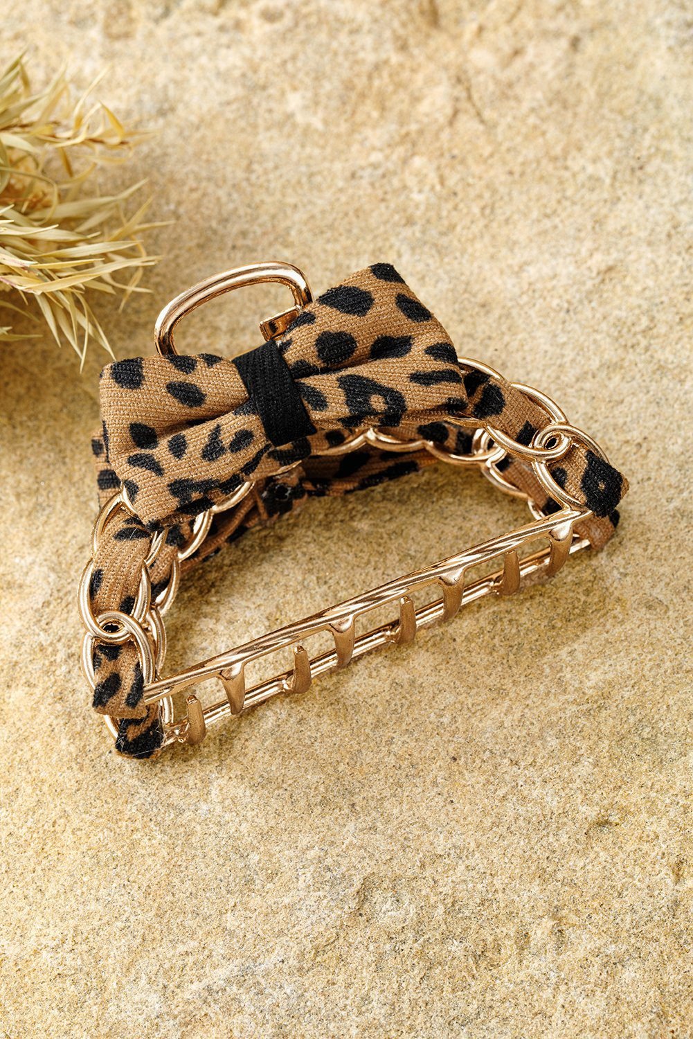 Camel Leopard Print Bow Decor Alloy Hair Claw Clip