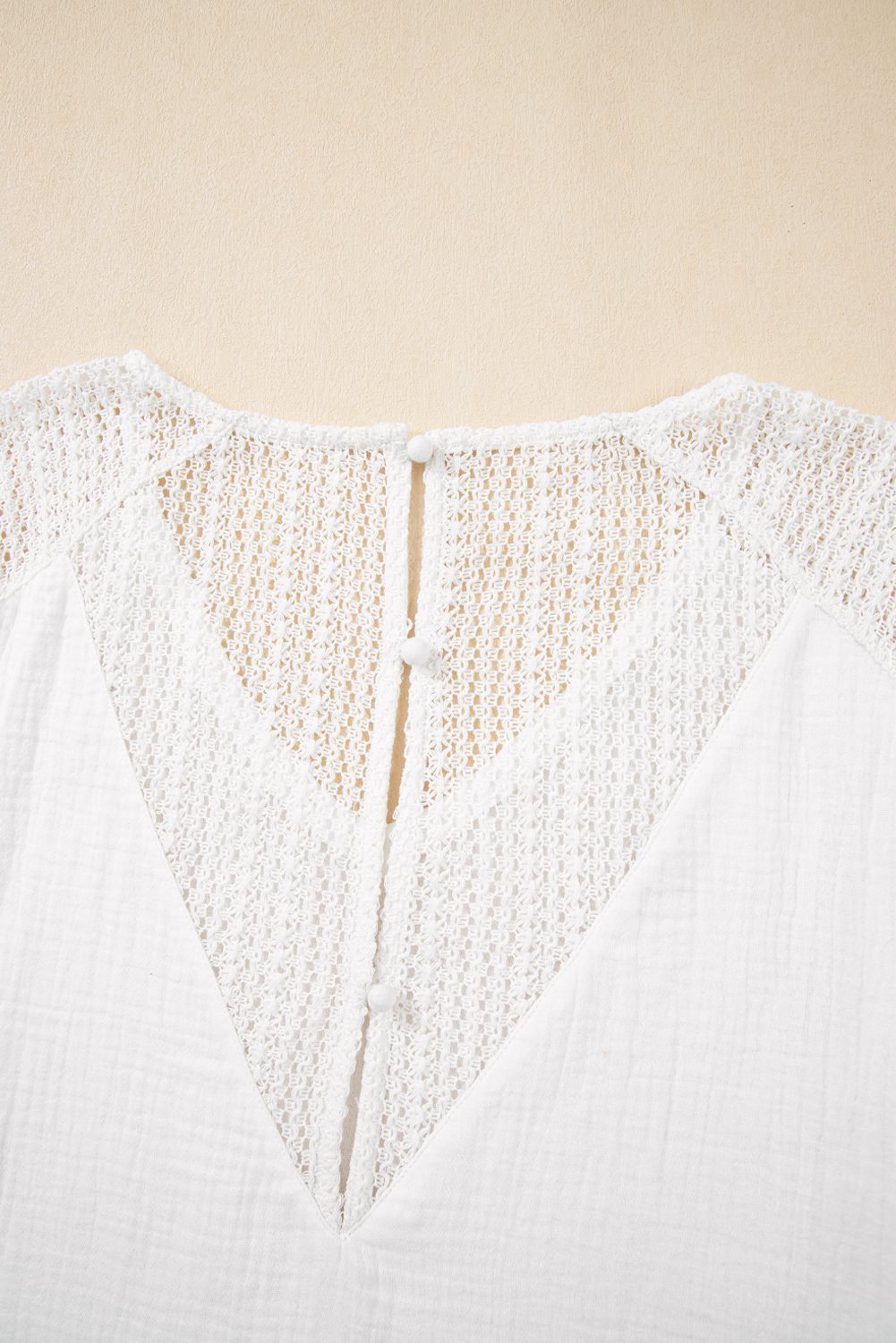 White Lace Crochet Textured Button Back V Neck T Shirt