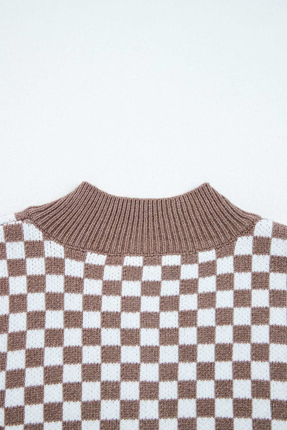 Dark Brown Half Button Ribbed Trim Checkerboard Knit Sweater