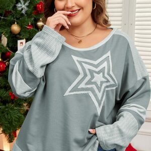 Mist Green Stars Patchwork Round Neck Plus Size T Shirt