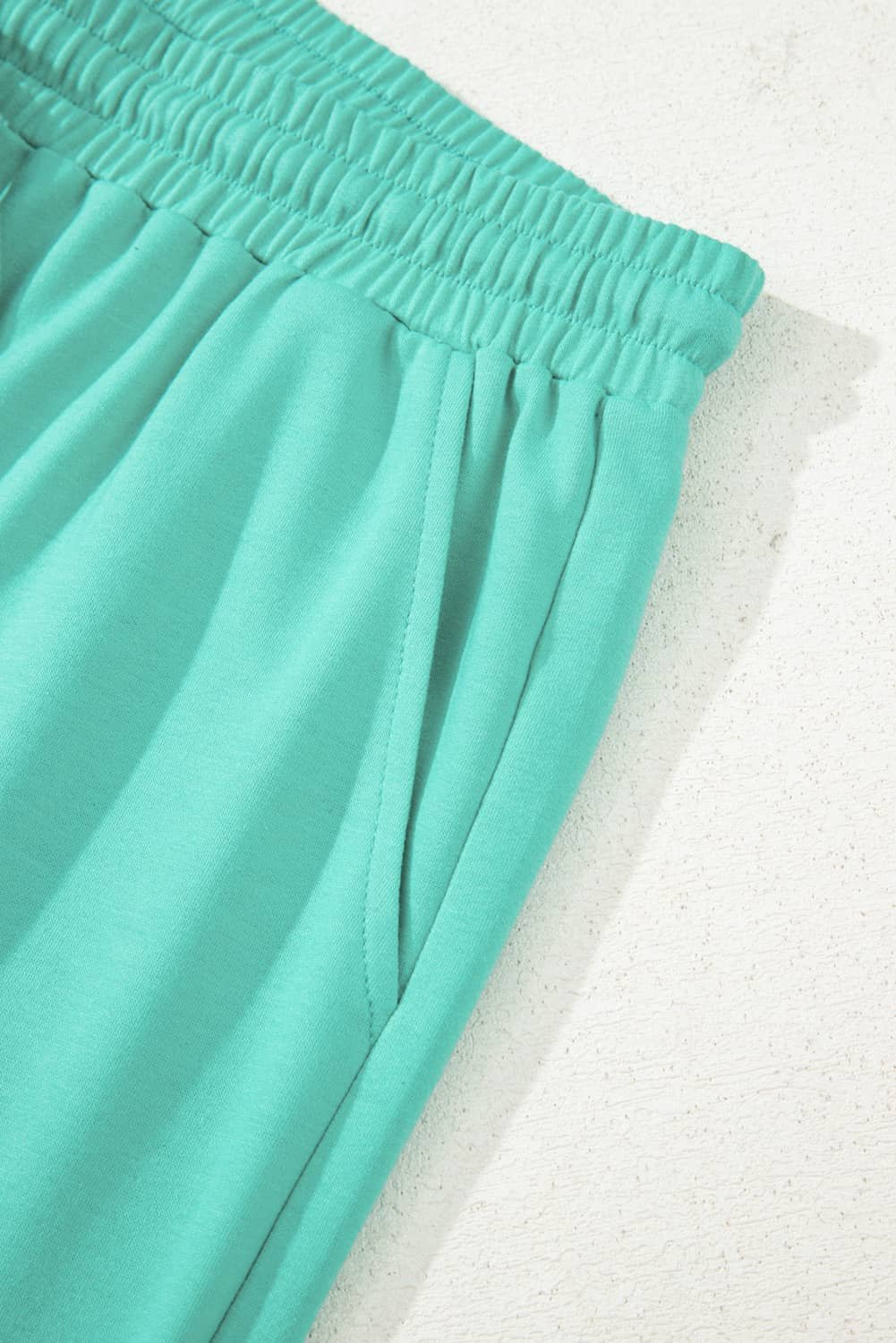 Sea Green Drop Shoulder V Neck Pullover Top And Drawstring Short Plus Size Set