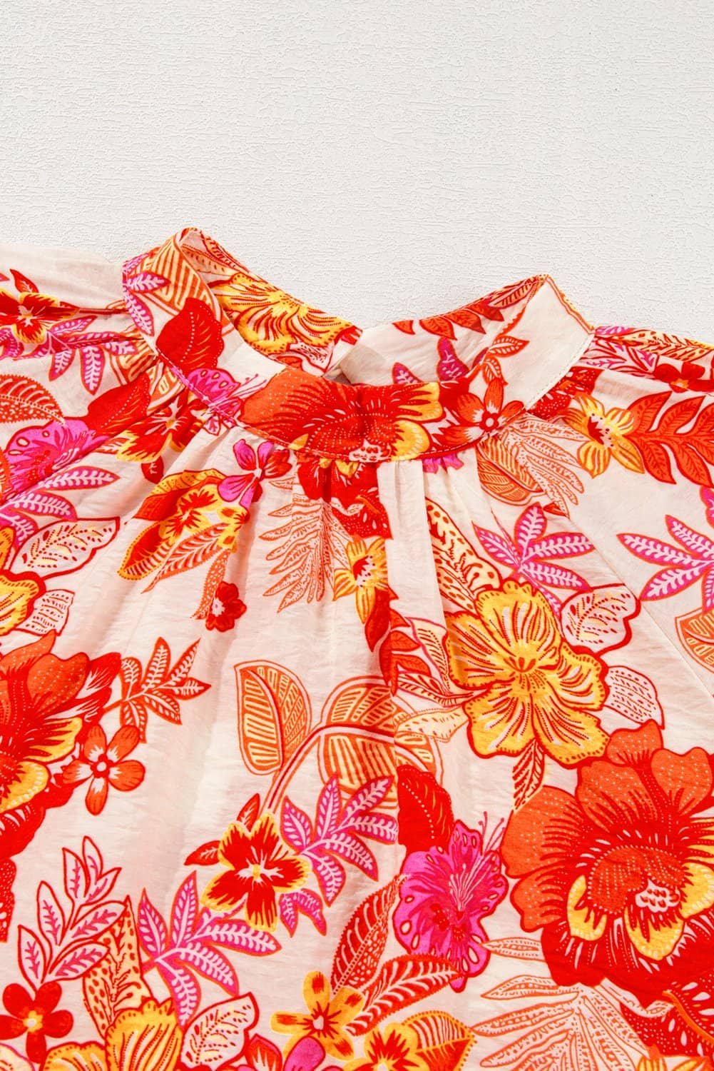 Orange Floral Print Pearl Button Keyhole Long Puff Sleeve Blouse