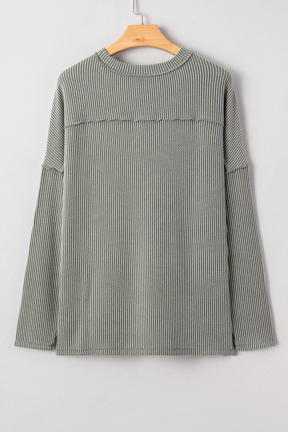 Green Bay Twist Ribbed Exposed Seam Detail Long Sleeve Loose Top
