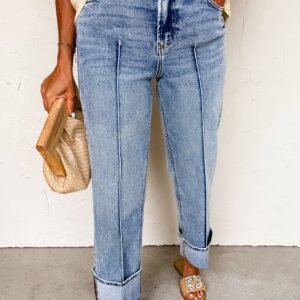 Myosotis Center Seam Cuffed Hem Straight High Waist Jeans