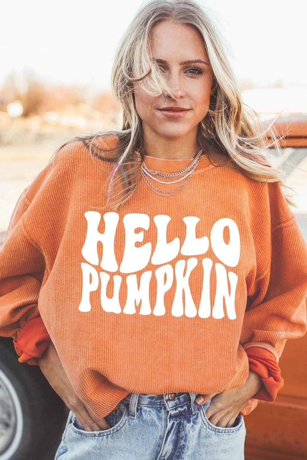 Orange Hello Pumpkin Letter Graphic Corded Sweatshirt