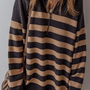 Black Stripe Collared Quarter Zipper Oversized Sweater