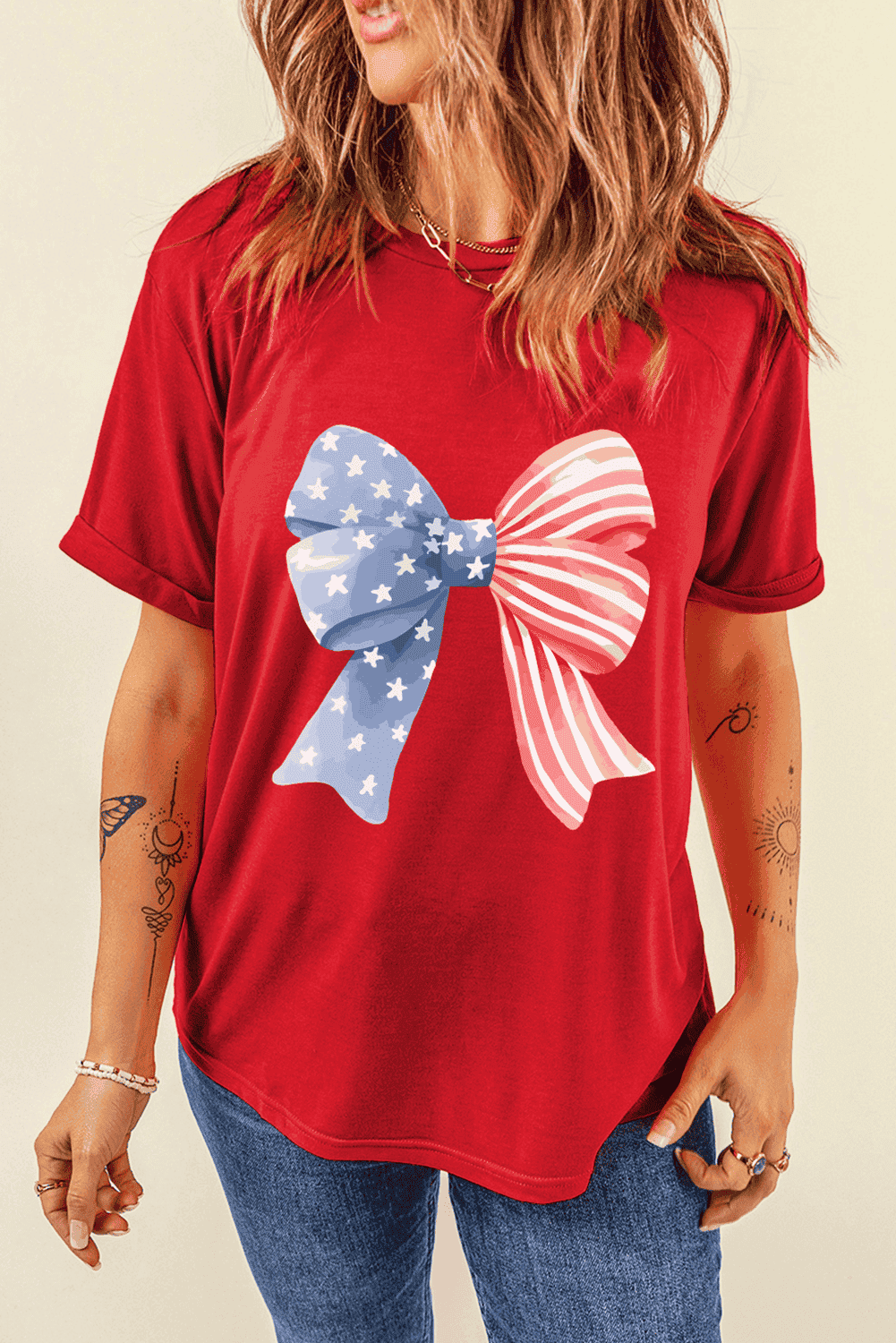 Red Stars And Stripes Bow Print Independence Day T Shirt