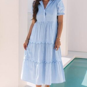 Sky Blue Stripe Bubble Short Sleeve Tiered Scallop Long Dress