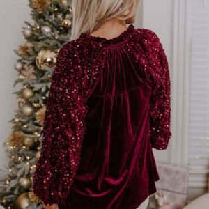 Red Dahlia Sequin Patchwork Sleeve Button Up Velvet Top