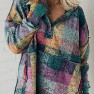 Multicolor Brushed Plaid Buttoned Pullover Oversized Hoodie