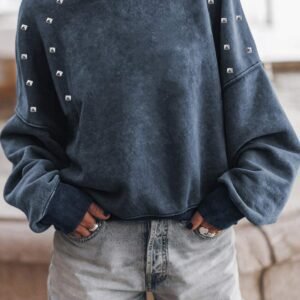 Sky Blue Beads Stud Drop Shoulder Loose Sweatshirt