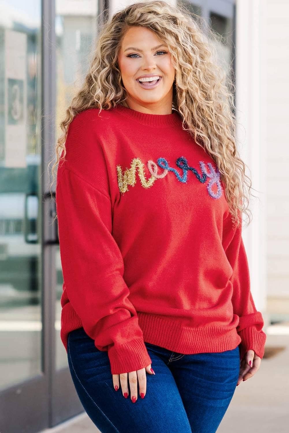 Fiery Red Tinsel Merry Pattern Drop Shoulder Plus Size Sweater