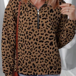 Brown Leopard Print Quarter Zip Sweatshirt