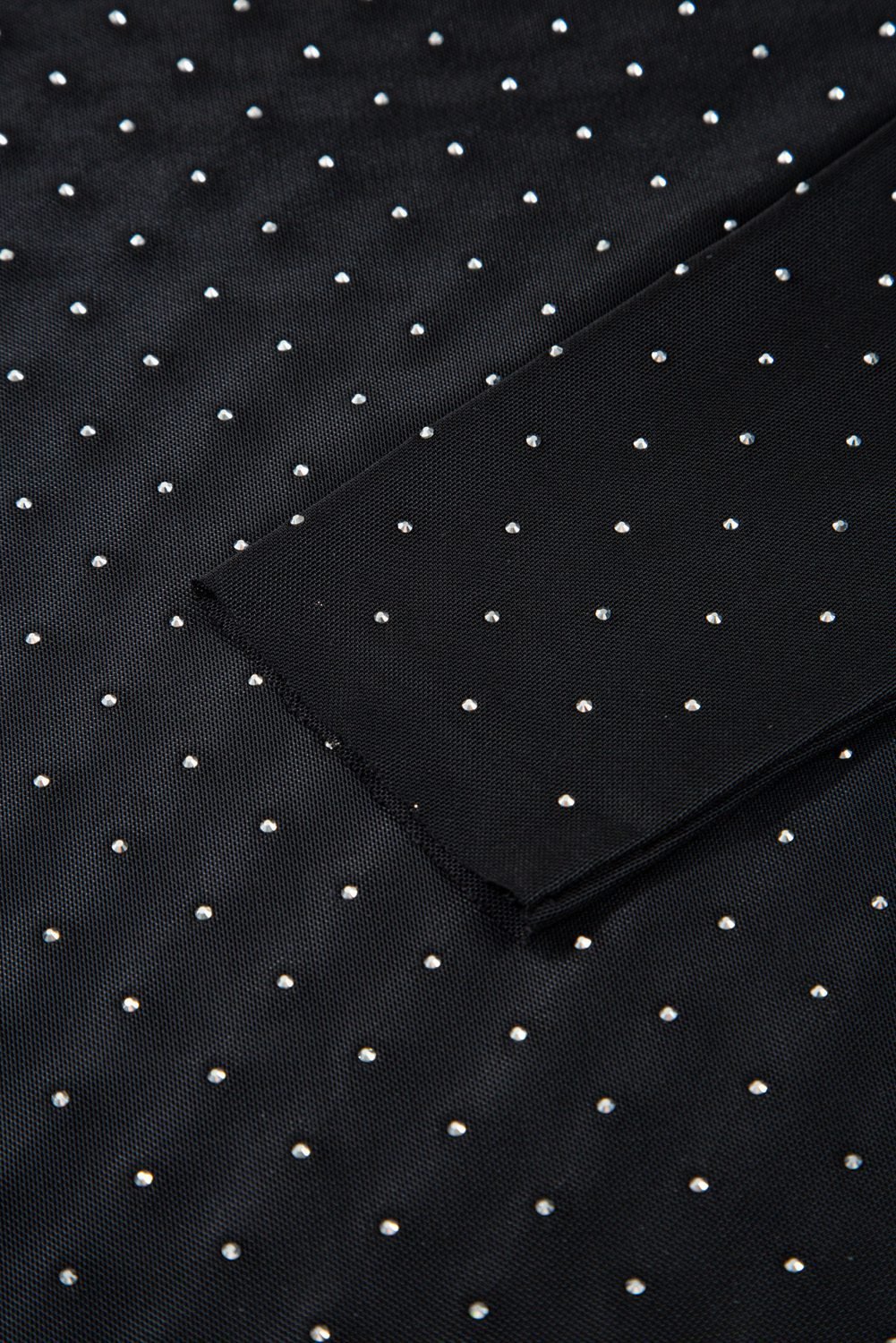 Black Rhinestone Embellished Mesh Long Sleeve Top