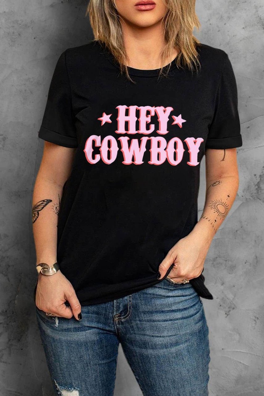 Black Hey Cowboy Letters Crew Neck T-Shirt
