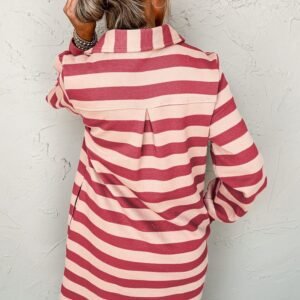 Pink Stripe Collared V Neck Long Sleeve Loose Casual Dress