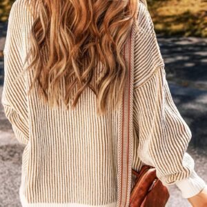 Chestnut Striped Textured Knit Contrast Edge Loose Sweater