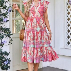 Rose Tribal Paisley Print Ruffled Sleeve Notch Neck Midi Dress