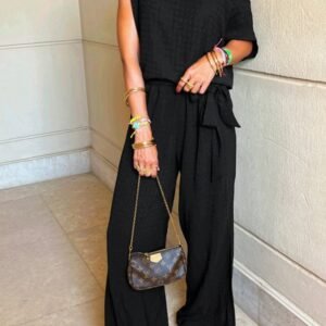 Black Checkered Mesh One Shoulder Short Sleeve Knotted Waist Jumpsuit