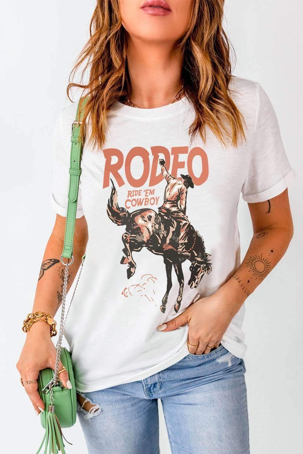 White Rodeo Cowboy Graphic Crewneck T Shirt