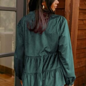 Skobeloff Corduroy Ruffle Tiered Buttoned O Neck Shirt