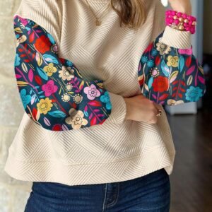 White Contrast Floral Sleeve Textured Drop Shoulder Knit Top