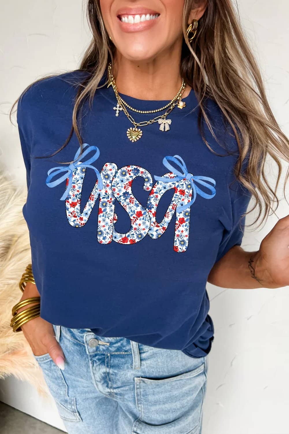 Blue Bow Floral Usa Letter Print Independence Day T Shirt
