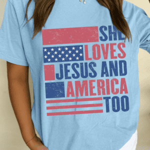 Light Blue She Loves Jesus And America Too Flag Graphic T Shirt
