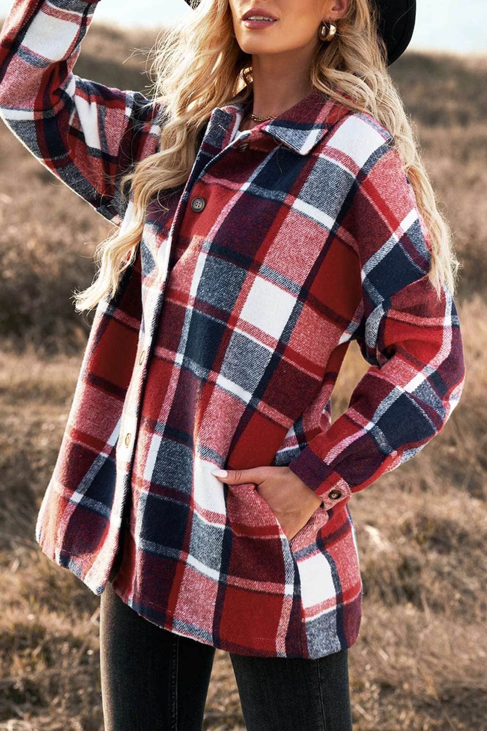 Red Plaid Print Buttoned Shirt Jacket