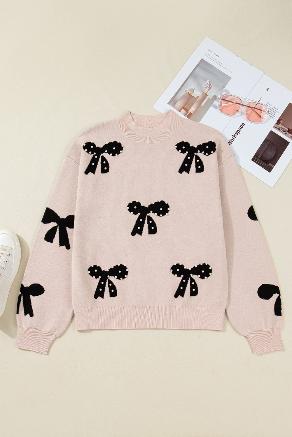Smoke Gray Pearl Embellished Bow Pattern Loose Sweater